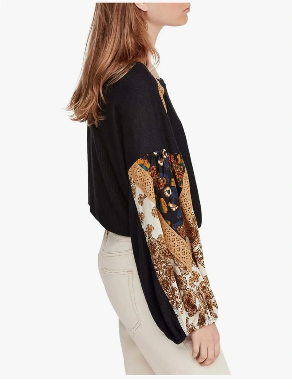 Free People Black Waffle Knit Shirt with Gold Paisley Balloon Sleeves Size L